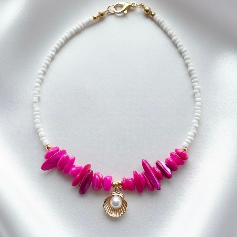 Handmade Fuschia Shell Chip Bead Anklet.