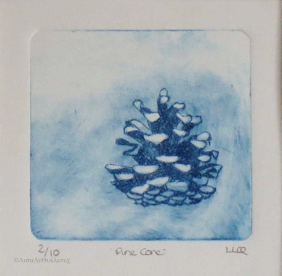 Pine cone drypoint print in blue