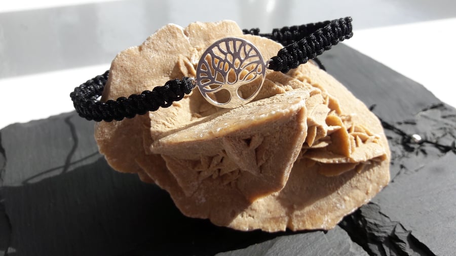 Sterling Silver Tree of Life and Black Cord Macrame Adjustable Bracelet