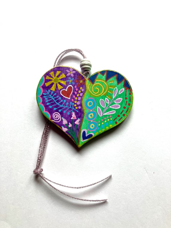 Colourful hand painted wooden heart