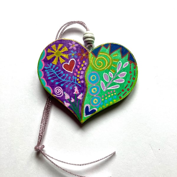 Colourful hand painted wooden heart