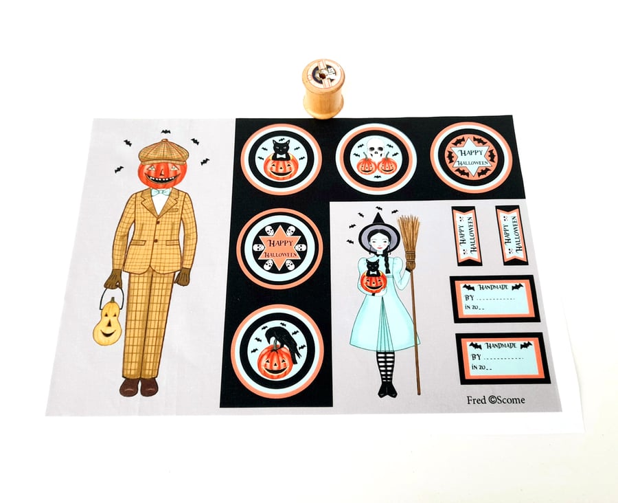 Halloween Art Fabric Craft Panel, Fred the Pumpkin Boy, Sewing Panel 