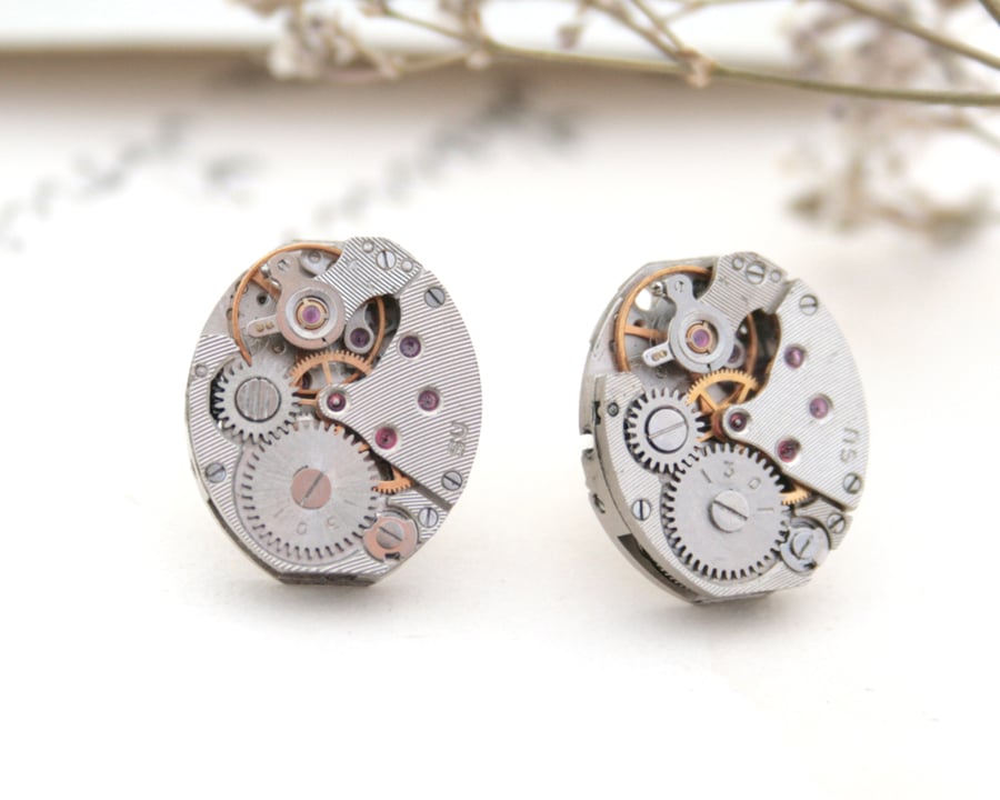 Oval Stud Earrings Steampunk Watch Movement Sterling Silver Post with Rubies 