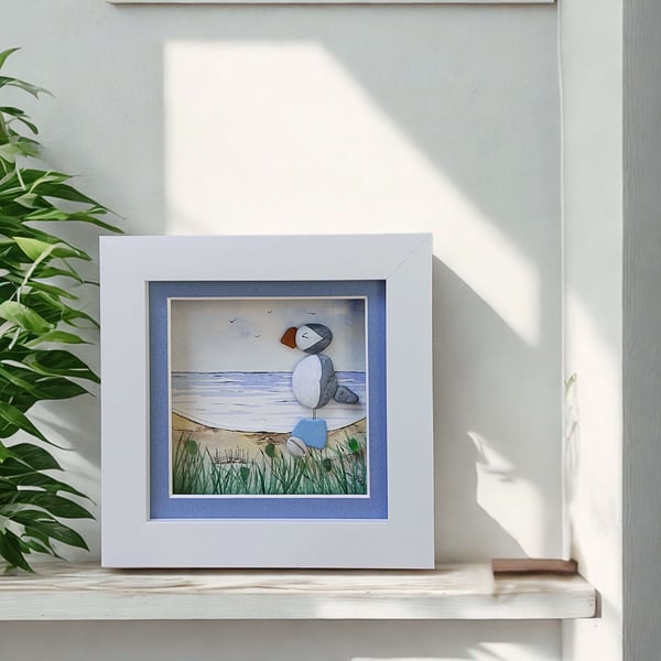 Puffin Mini Art Original Sea Glass and Watercolour - Coastal Picture Gift