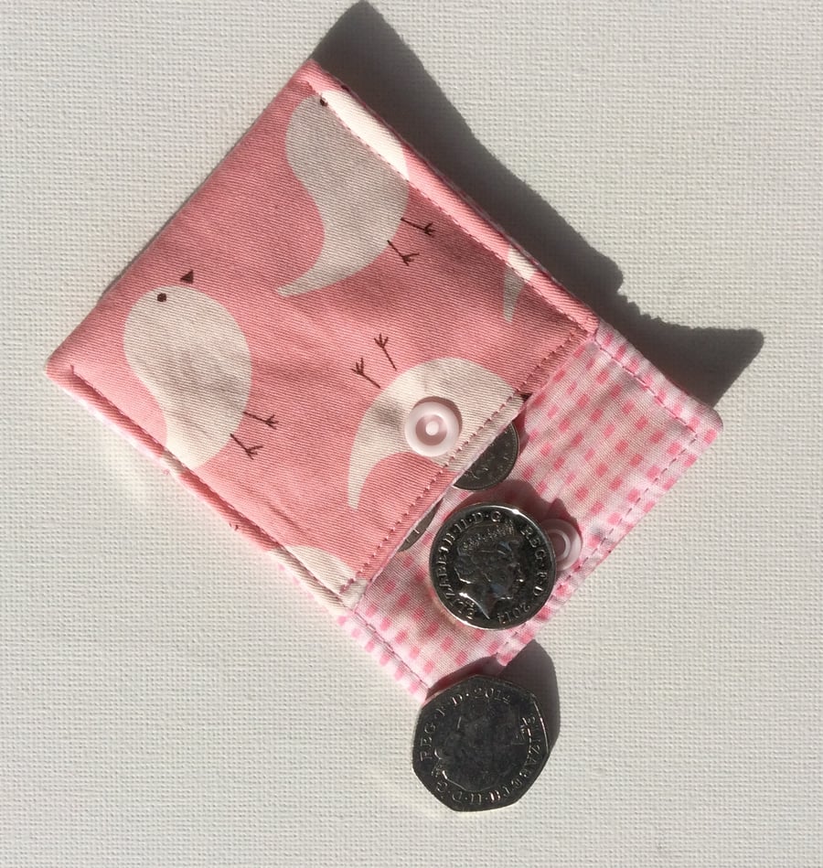  Small Coin Purse, pink with white birds, cotton