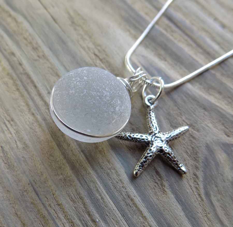 Natural sea glass bubble pendant with starfish