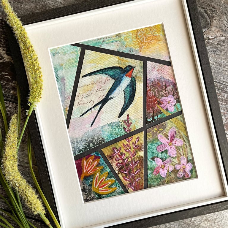 Original mixed media artwork of swallow and flowers, gift for bird lover