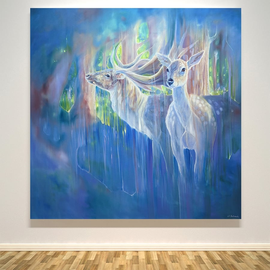 Divine Monarchs is a large semi-abstract blue painting of two beautiful deer