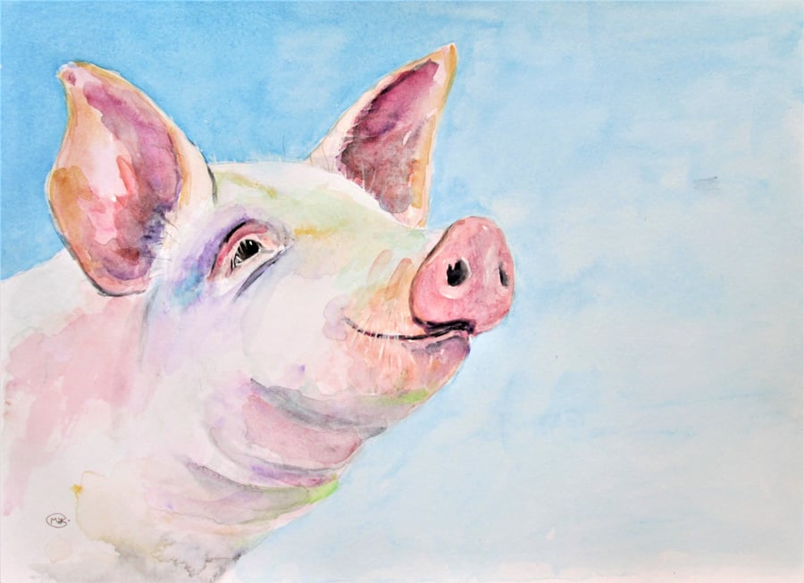 Happy Pig. Farm Animal painting. Original Watercolour