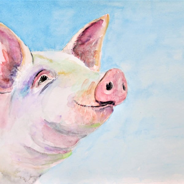 Happy Pig. Farm Animal painting. Original Watercolour