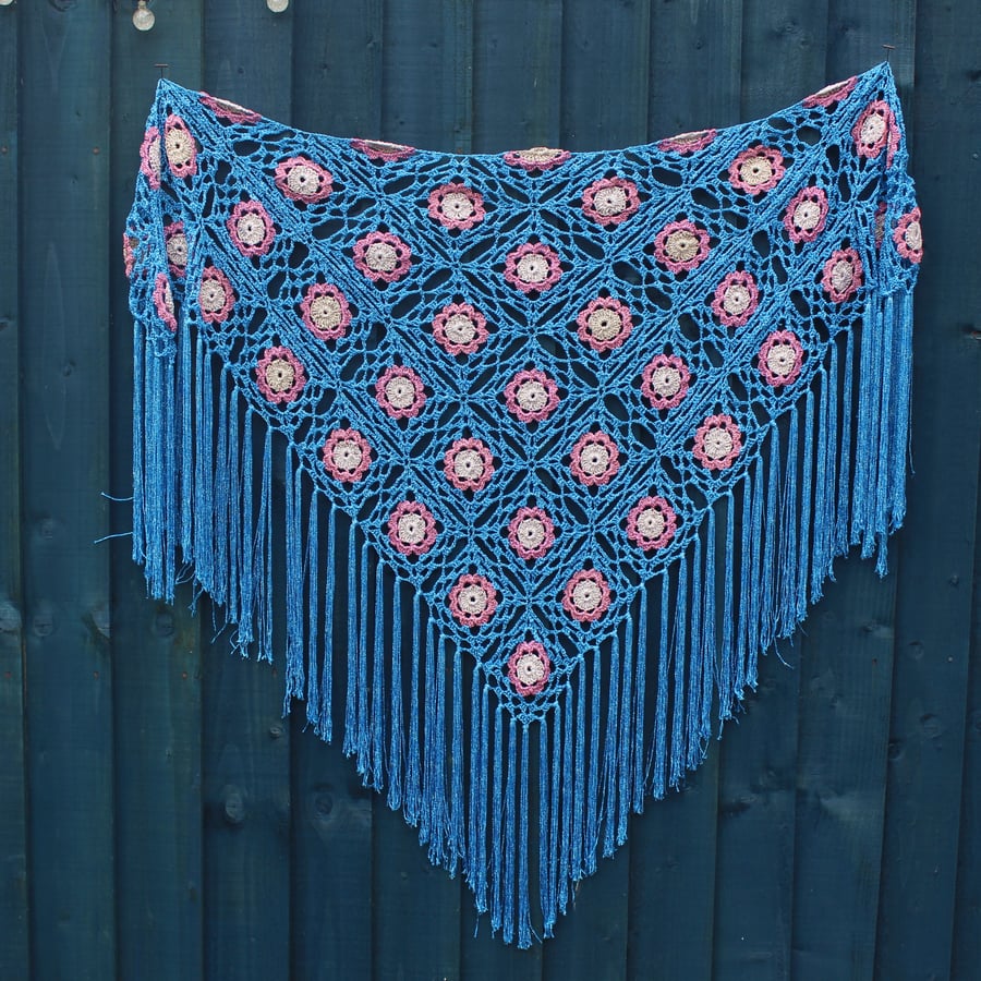 Crochet triangular shawl in sparkly  gold, pink, kingfisher blue - design LF433
