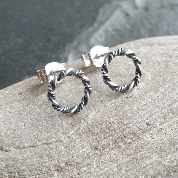 Small circle studs, Front facing hoops, Oxidised sterling silver