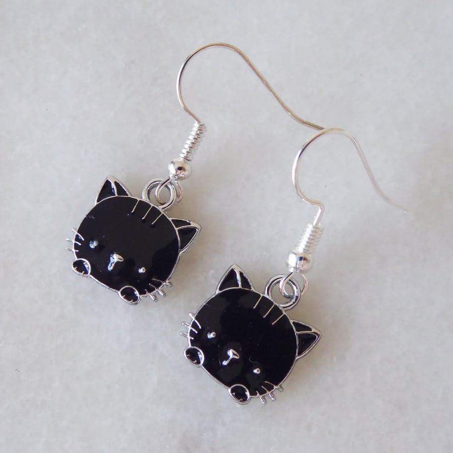 Black Cat Head and Paws with Silver Plated Earrings 