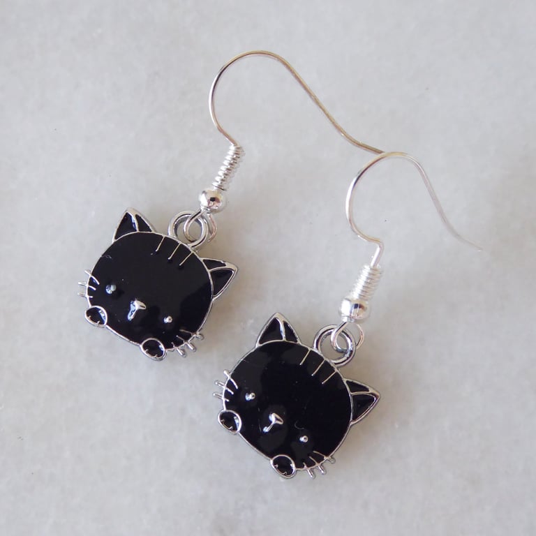 Black Cat Head and Paws with Silver Plated Earrings 