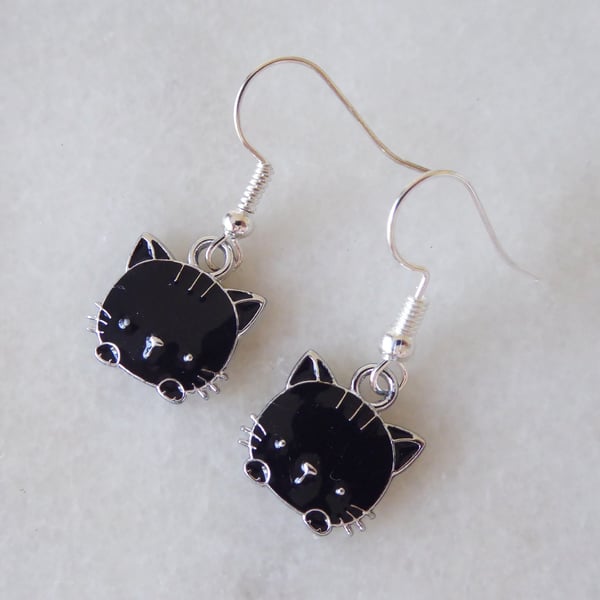 Black Cat Head and Paws with Silver Plated Earrings 