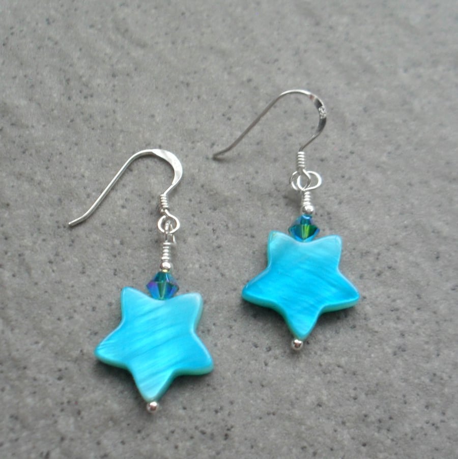 Blue Shell Star Sterling Silver Drop Earrings Christmas