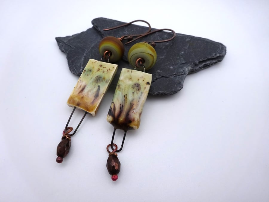 brown lampwork glass earrings, copper and ceramic jewellery