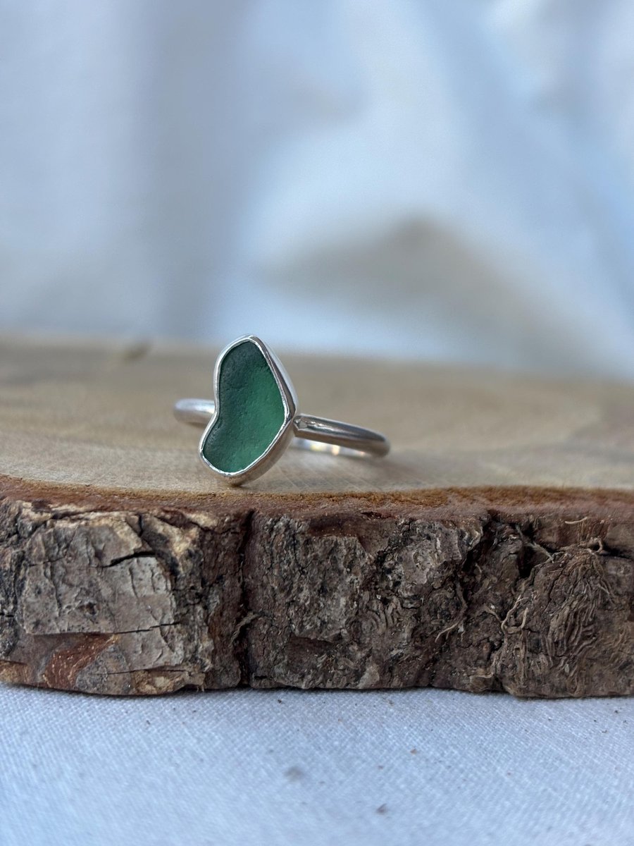 Green sea glass ring, UK S ring 