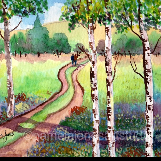 Woodland Walk, With Birch Trees, and Bluebells, Watercolour in 14 x 11 '' Mount