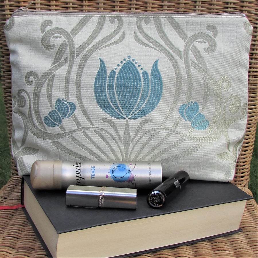 Cream toiletry bag, wash bag with turquoise Tulips and gold scrollwork