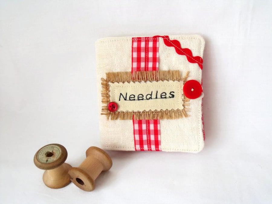 hessian and linen sewing needle case book,  red