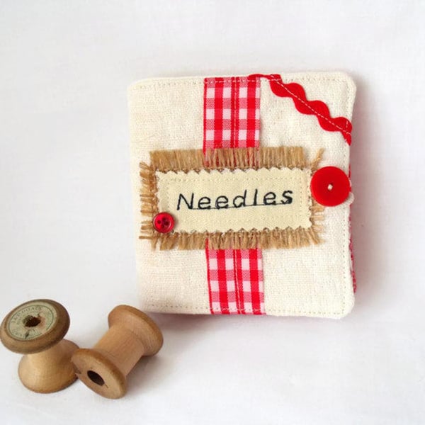 hessian and linen sewing needle case book,  red