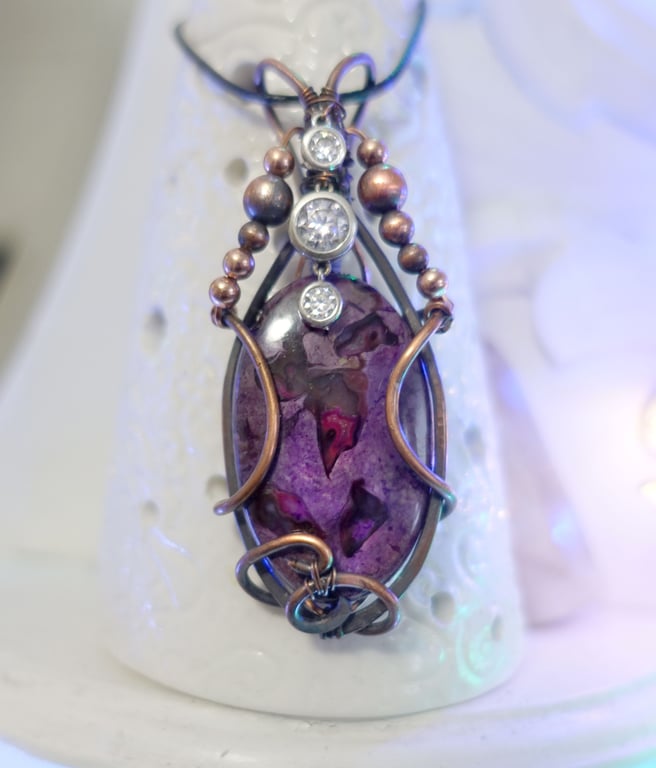 Copper Wire Wrap Purple Sugilite Stone Pendant with Moissanite 