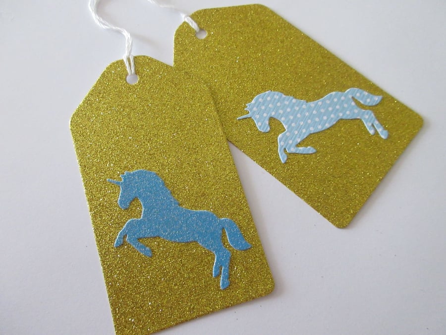 Unicorn Gift Tag x 2 Christmas Present Birthday Gift Label Gold Blue