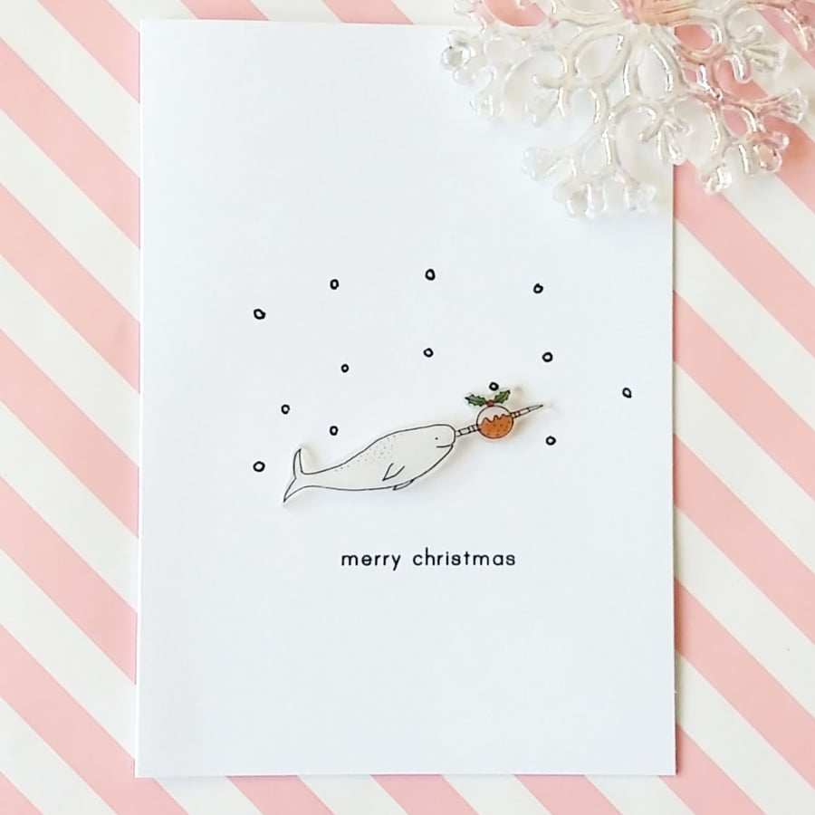 christmas card - narwhal and christmas pudding - handmade 