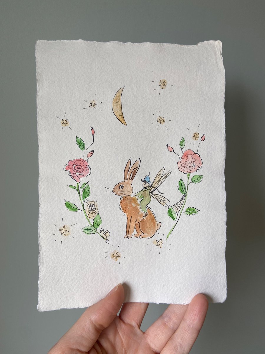 Image of Fairy With Hare Watercolour Painting