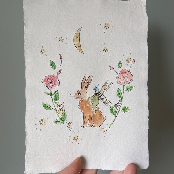 Fairy With Hare Watercolour Painting