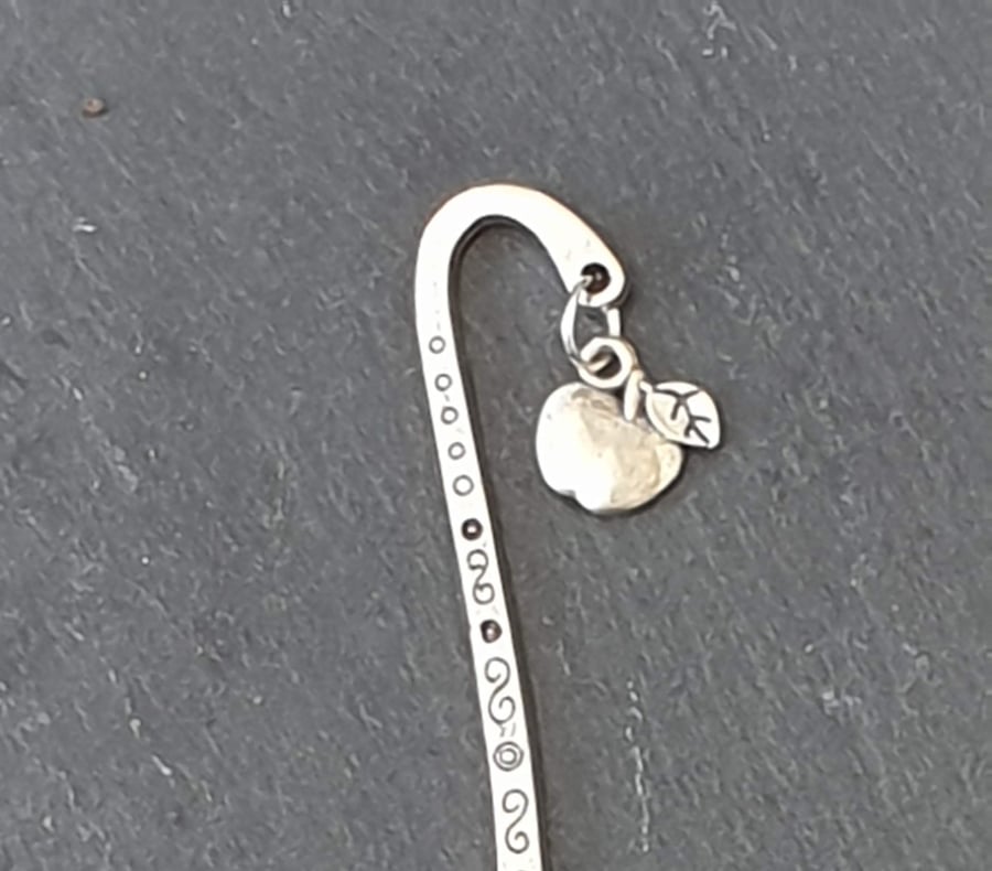 Patterned Metal Bookmark with Cute Apple Charm - Teacher's Thank You