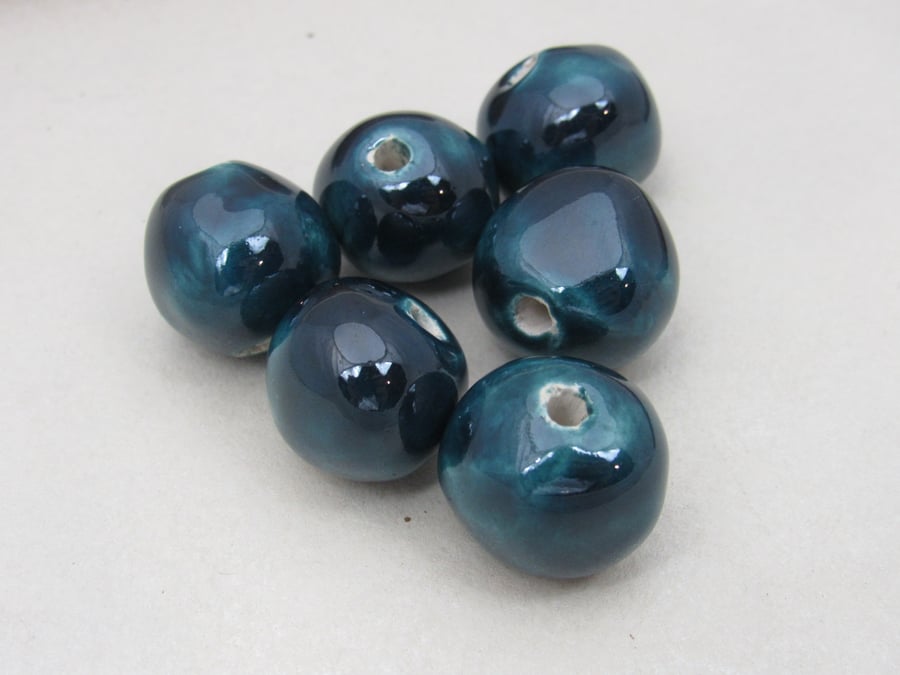 6 Medium Petrol Blue Glazed Clay Beads