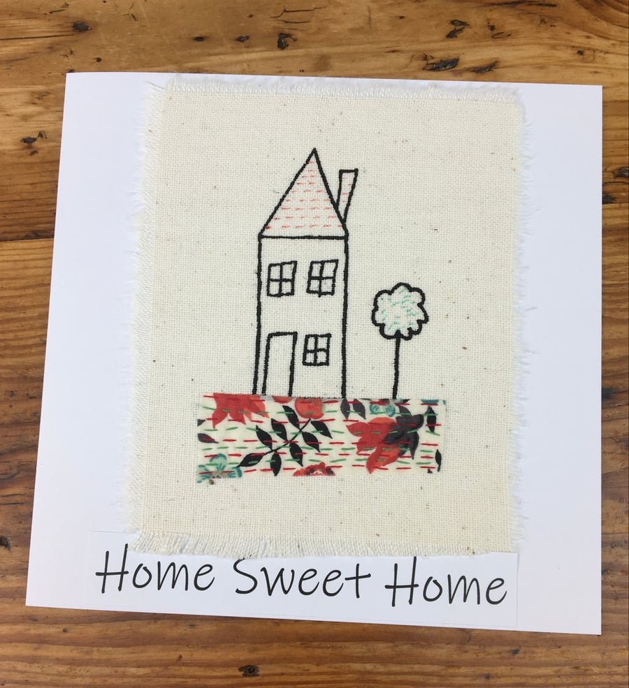 New Home card, Home Sweet Home, Handmade & embroidered, Liberty fabric
