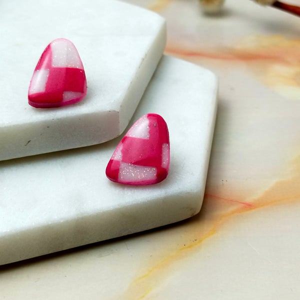 Handmade Pink & White Checkerboard Abstract Stud Earrings - Stainless Steel