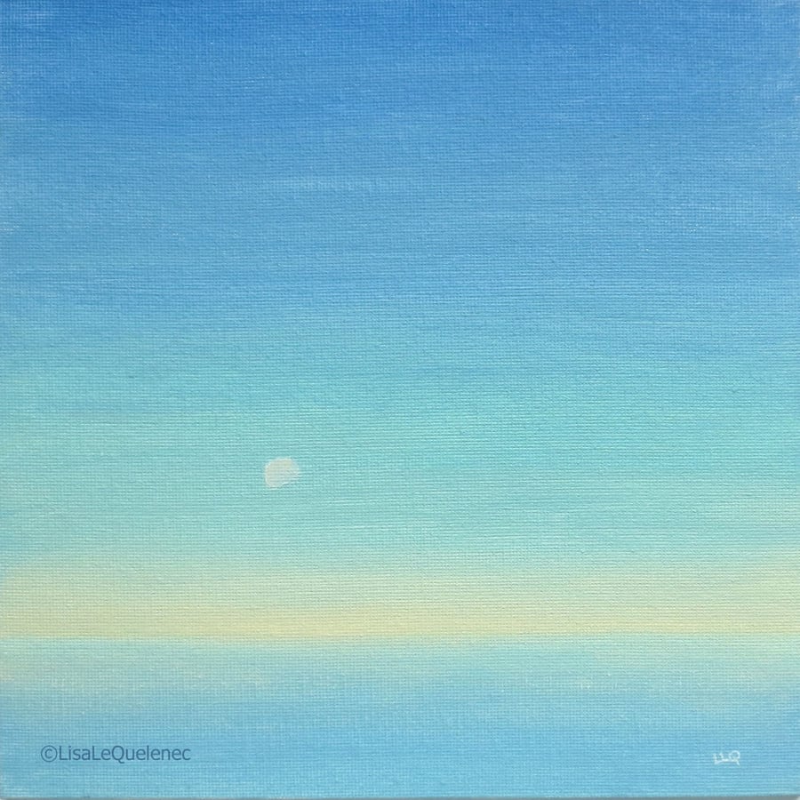 Moon at dawn over the ocean minimalist coastal painting tranquil seascape