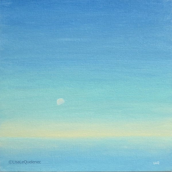 Moon at dawn over the ocean minimalist coastal painting tranquil seascape
