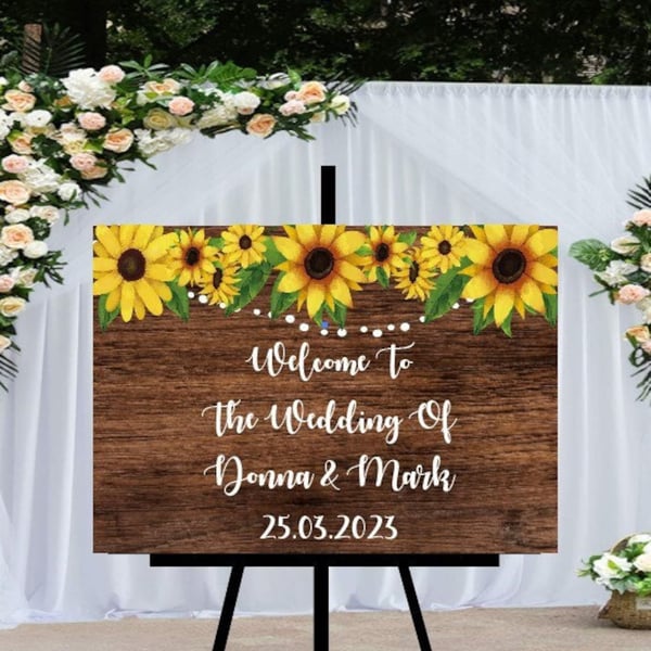 Personalised Rustic Wedding Sign - Dark Wood - Sunflowers.