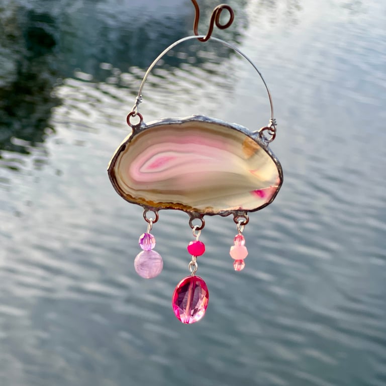 Agate Suncatcher Cloud with Vintage Glass Bead Droplets: Pink and Bronze