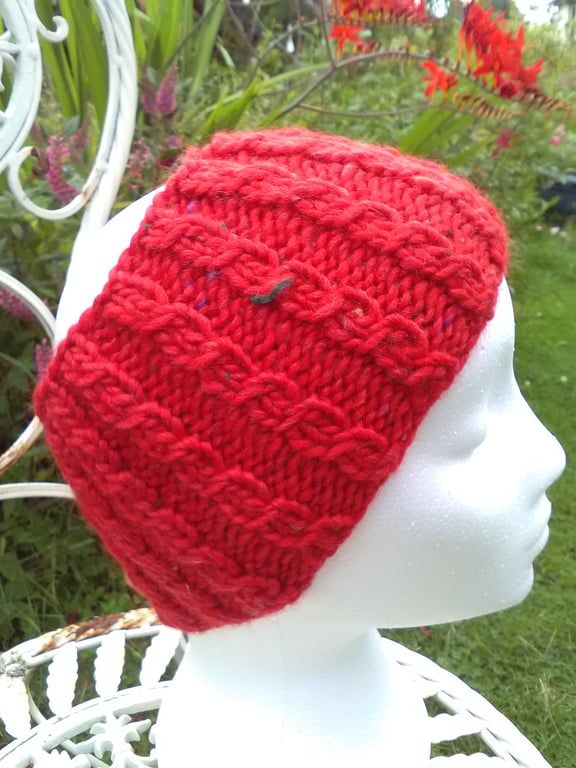 Hand Knitted Cable Merino Headband in Red M