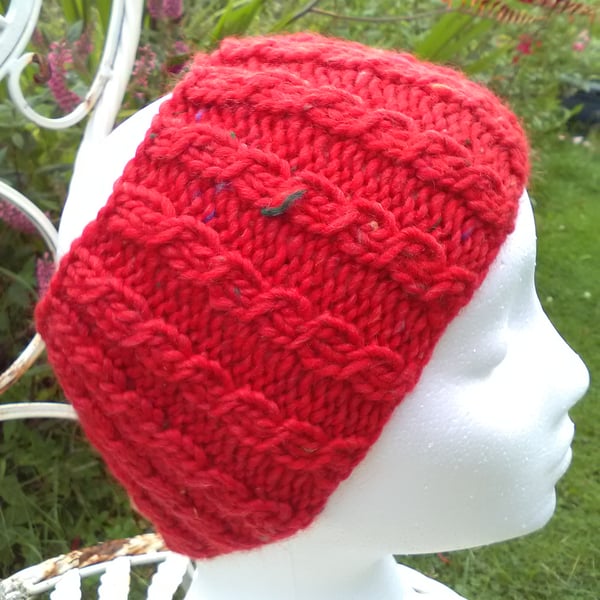 Hand Knitted Cable Merino Headband in Red M