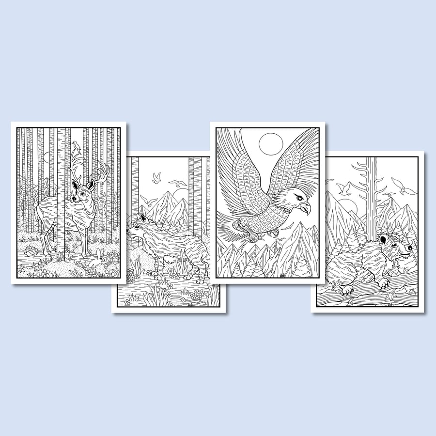 (Digital) Forest Animals On Four Colouring Pages