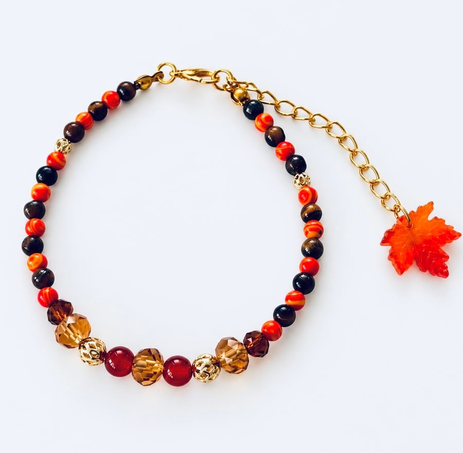 Autumn Beaded Bracelet with Tiger's Eye, Carnelian,Jasper & Maple Leaf Charm