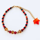 Autumn Beaded Bracelet with Tiger's Eye, Carnelian,Jasper & Maple Leaf Charm