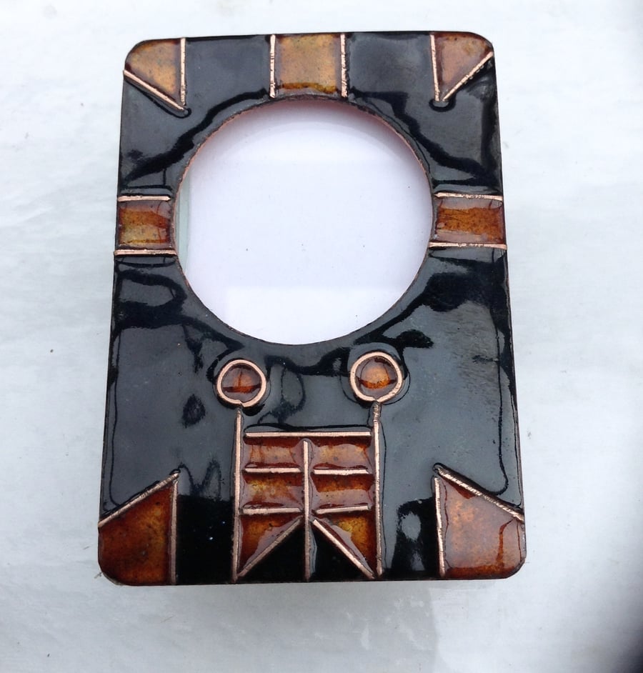 Tribal enamelled photo frame in copper with black and amber cloisonne work