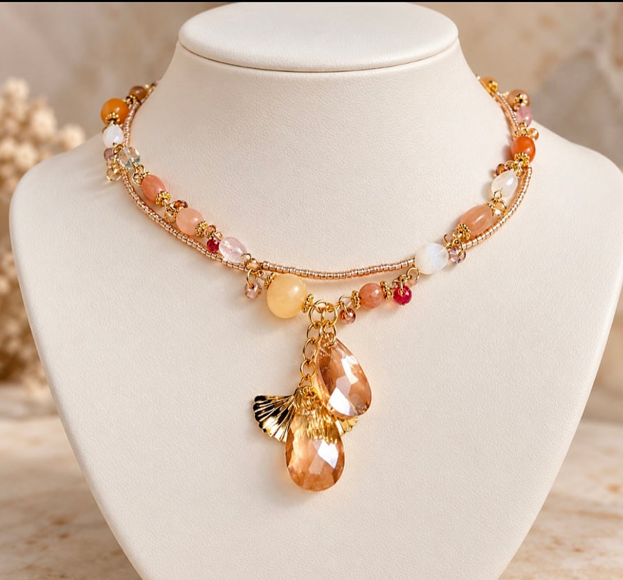 Gold Tone Double Strand Necklace with Amber-Coloured Crystal Drops 