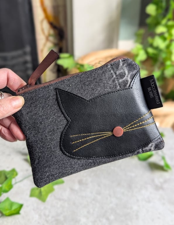 Denim Cat Motif Purse or Small Makeup bag with Black Cat Motif