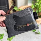 Denim Cat Motif Purse or Small Makeup bag with Black Cat Motif