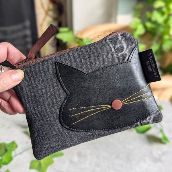 Denim Cat Motif Purse or Small Makeup bag with Black Cat Motif