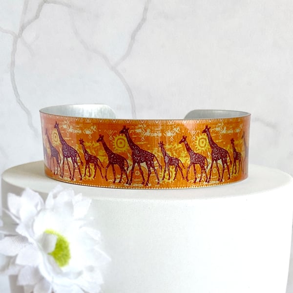 Orange giraffe bangle, animal metal cuff bracelet. Sale 722